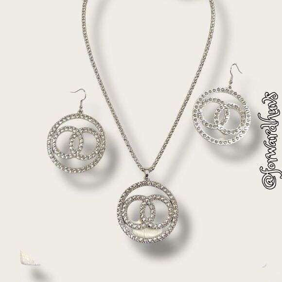 Silver Tone and Rhinestone Necklace and Earrings Set - Picture 3 of 12
